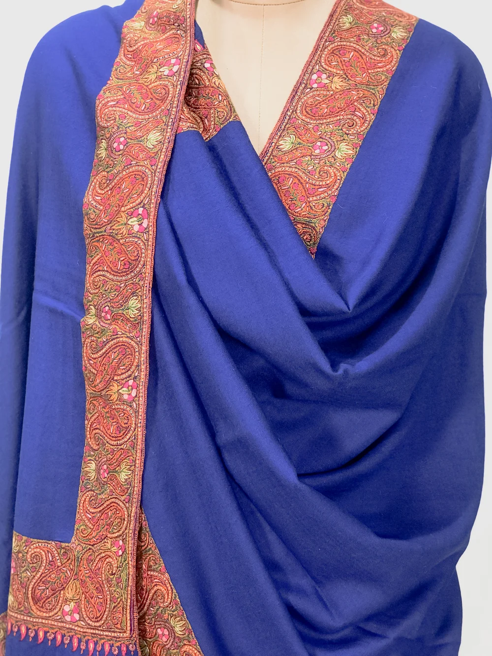 Royal Blue Pure Pashmina Shawl With Intricate Sozni hand Embroidery front