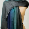 Navy Blue, Aqua Blue and Grey Ombre Pure Pashmina Scarf front