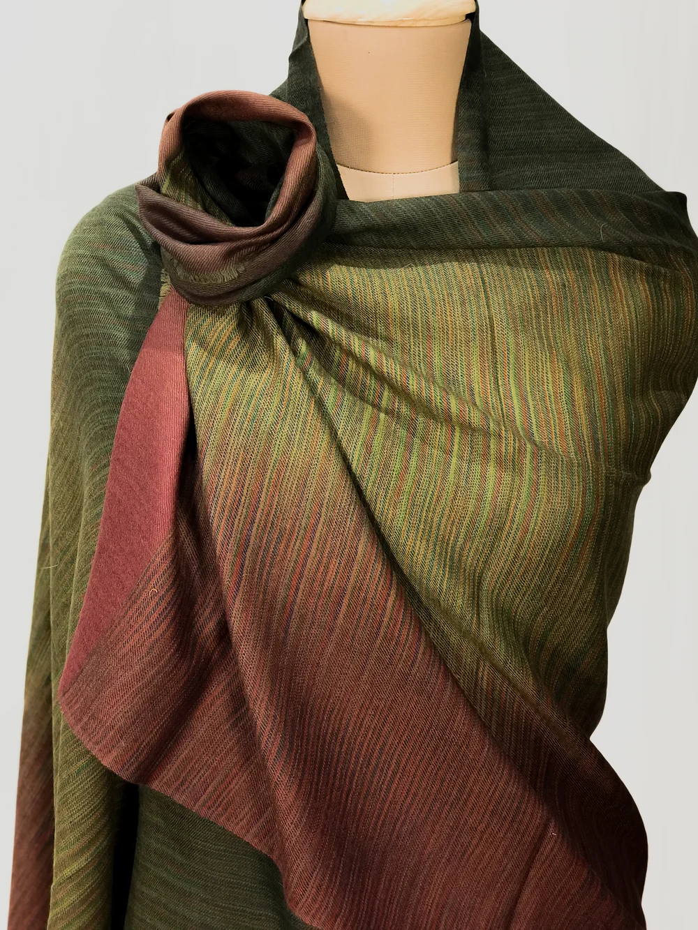 Dark Green, Olive Green and Maroon Ombre Pure Pashmina Scarf front