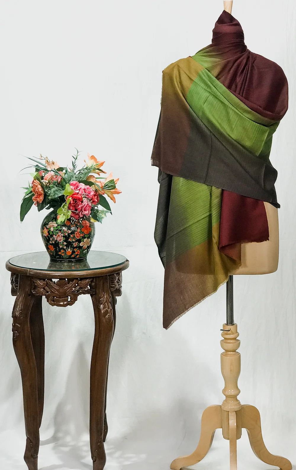 Maroon, Green and Grey Ombre Pure Pashmina Scarf
