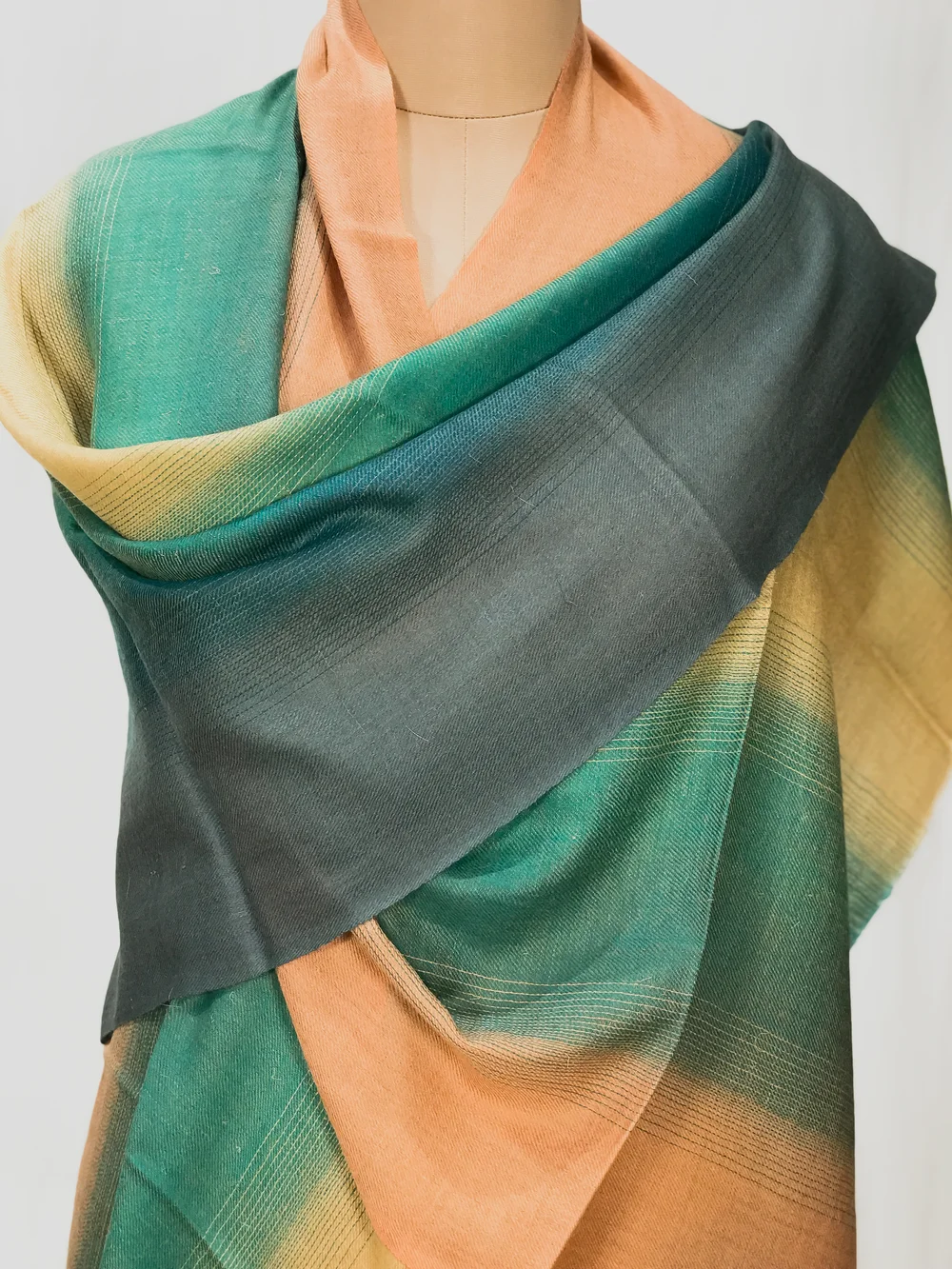 Grey, Green, Beige and Peach Ombre Pure Pashmina Scarf front
