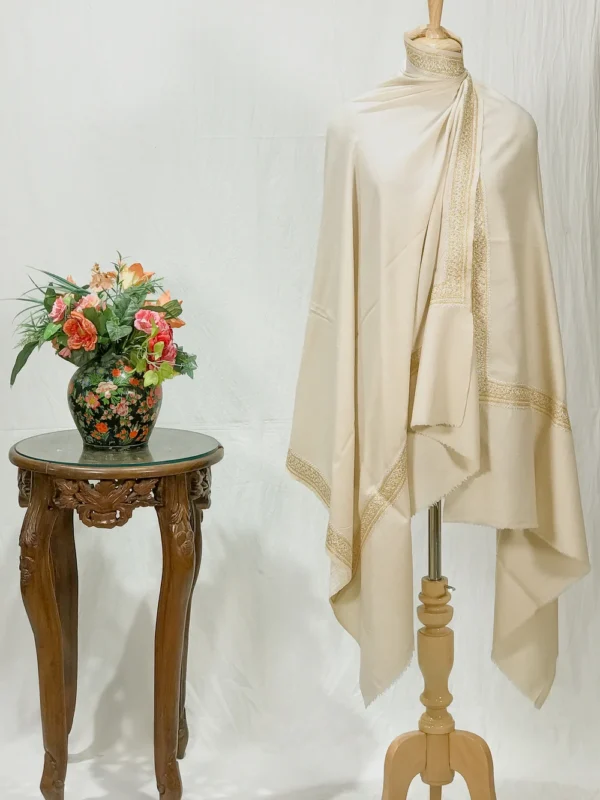 Off-White Pure Pashmina Shawl With Tilla Hand Embroidery