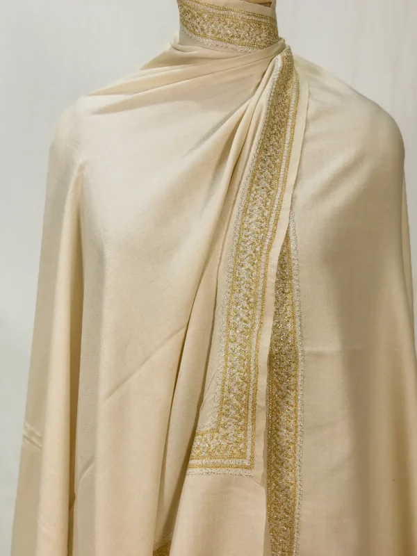 Off-White Pure Pashmina Shawl With Tilla Hand Embroidery front