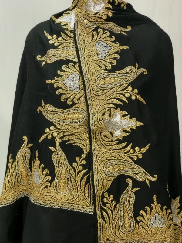 Black Pure Pashmina Stole with Tilla Hand Work front