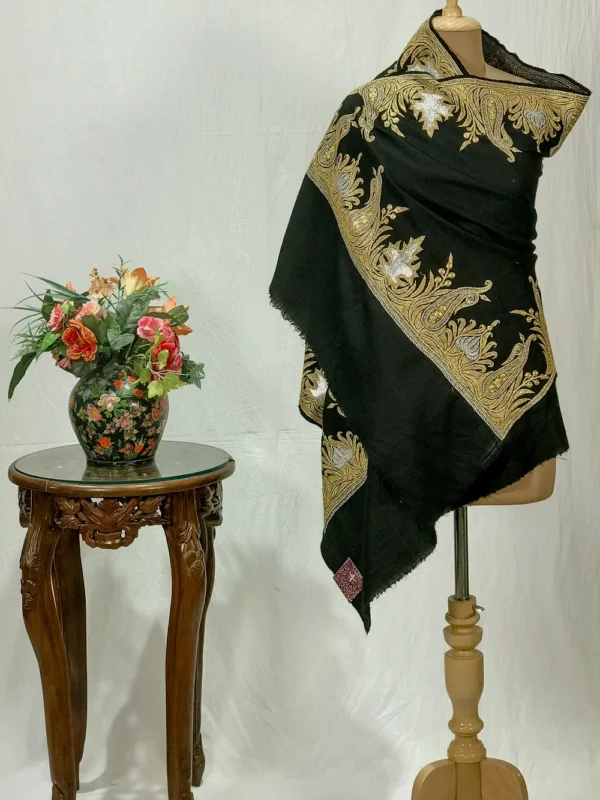 Black Pure Pashmina Stole with Tilla Hand Work