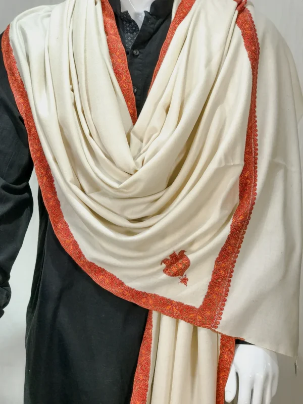 Off-White Pure Pashmina Shawl With Sozni Hand Embroidery front