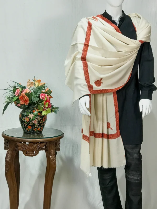 Off-White Pure Pashmina Shawl With Sozni Hand Embroidery