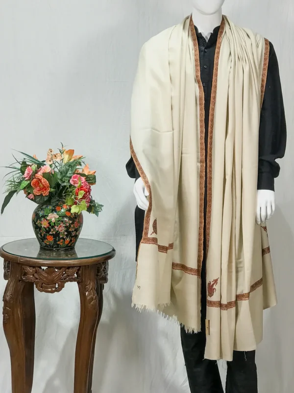 Cream Pure Pashmina Shawl With Sozni Hand Embroidery