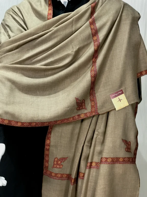Dark Beige Pure Pashmina Shawl With Sozni Hand Embroidery front