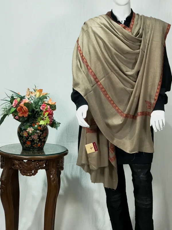 Dark Beige Pure Pashmina Shawl With Sozni Hand Embroidery