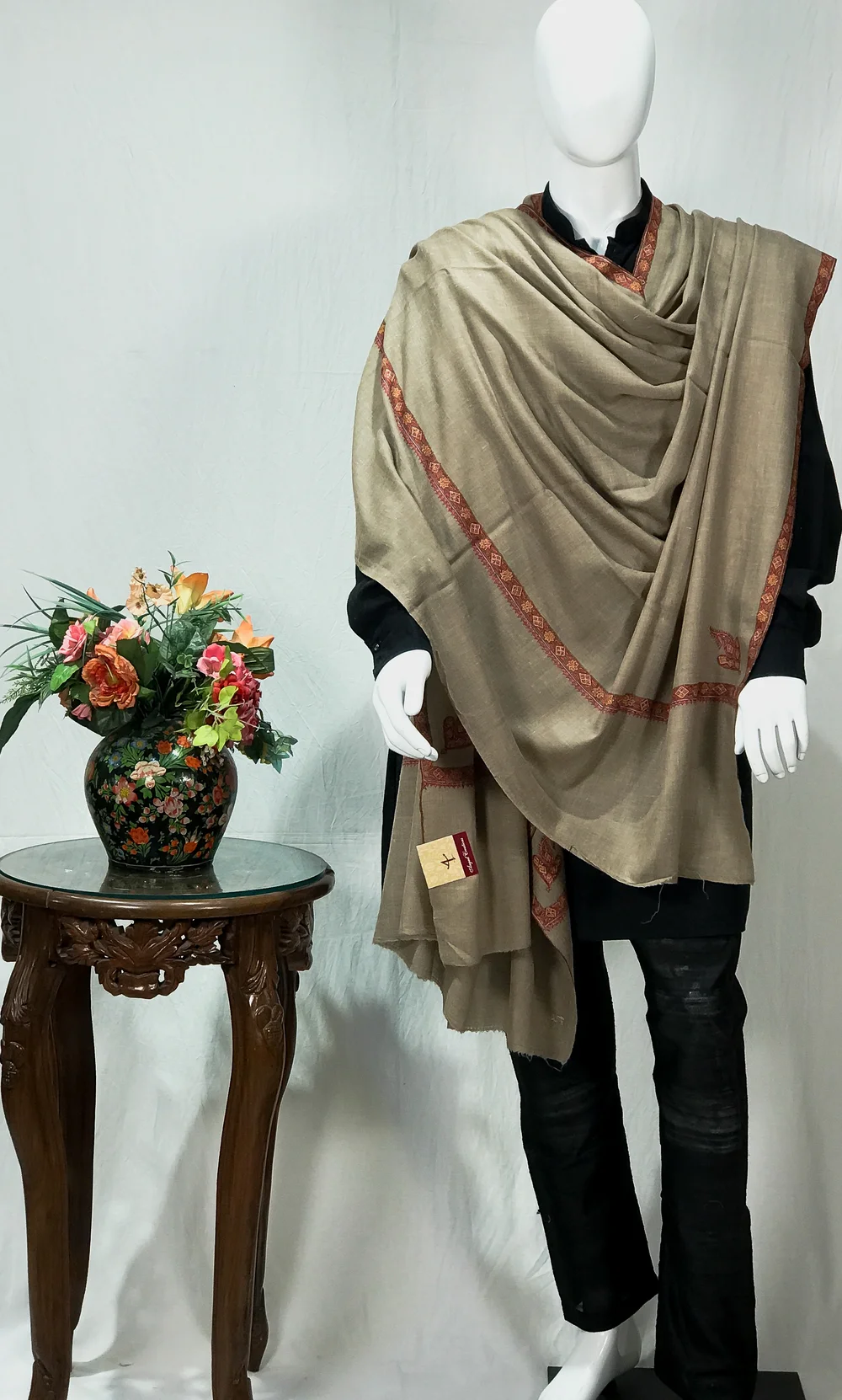 Dark Beige Pure Pashmina Shawl With Sozni Hand Embroidery