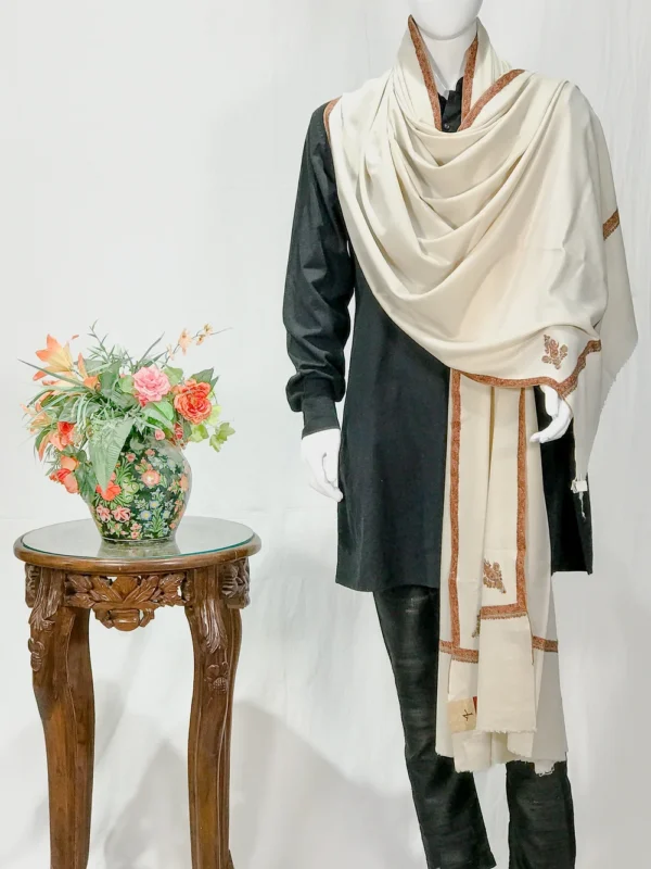 Off-White Pure Pashmina Shawl With Intricate Sozni Hand Embroidery
