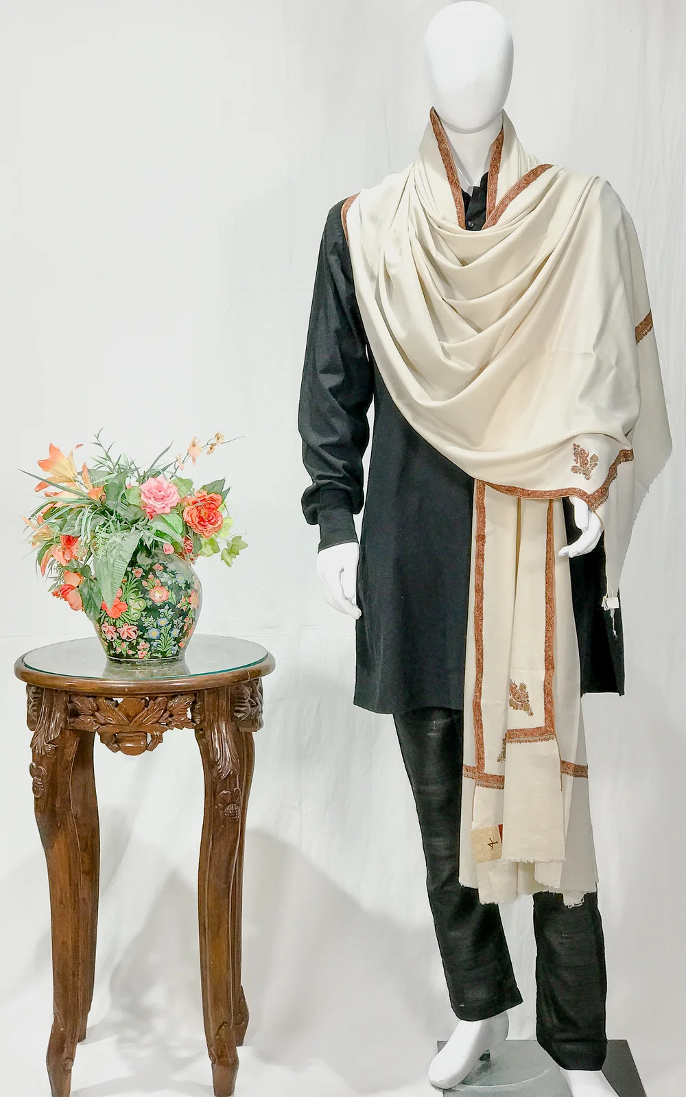 Off-White Pure Pashmina Shawl With Intricate Sozni Hand Embroidery