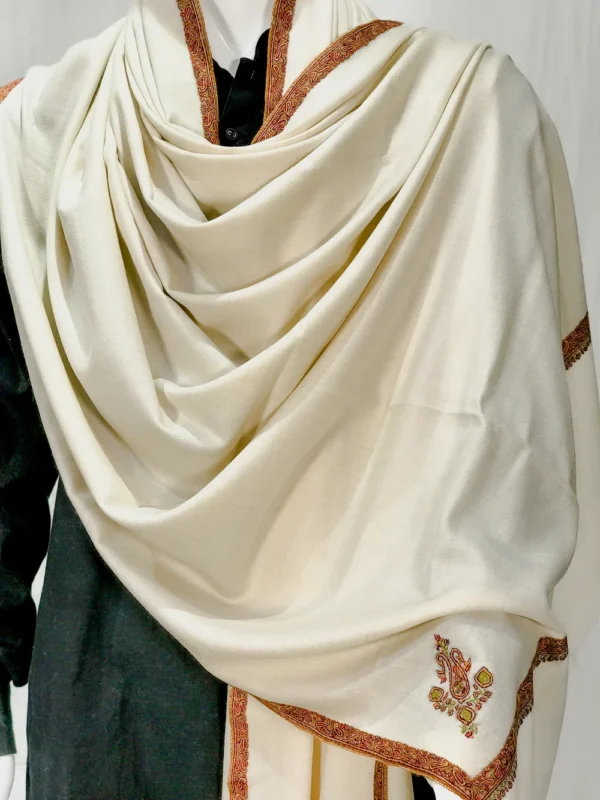 Off-White Pure Pashmina Shawl With Intricate Sozni Hand Embroidery front