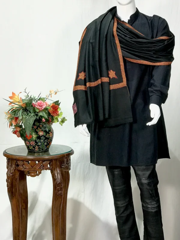 Black Pure Pashmina Shawl With Intricate Sozni Hand Embroidery