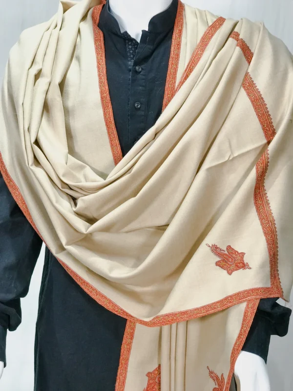 Beige Pure Pashmina Shawl With Intricate Sozni Hand Embroidery front