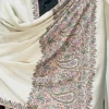 Cream Pure Pashmina Shawl With Hand Embroidered Sozni Palla front