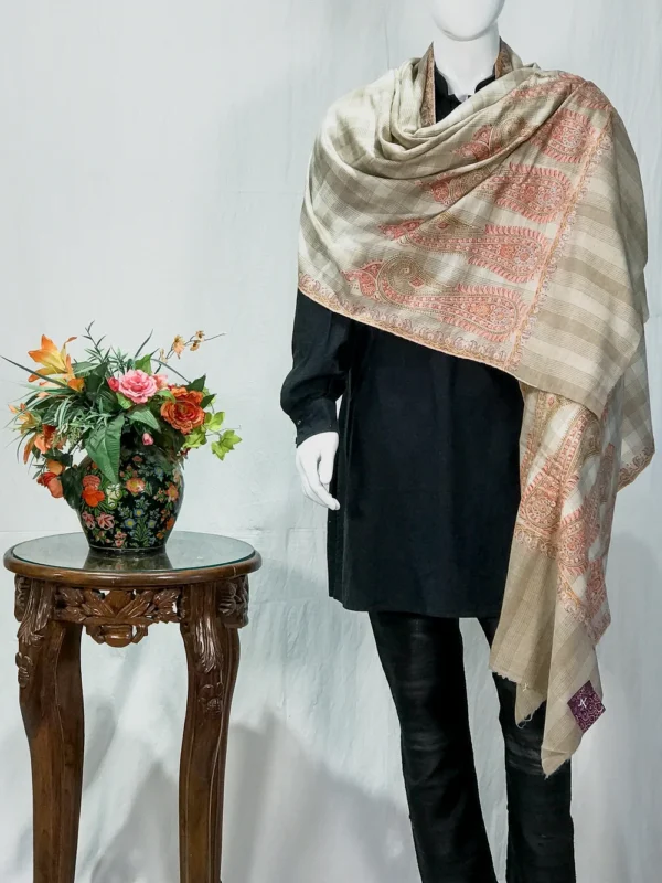 Natural Checkered Pure Pashmina Shawl With Hand Embroidered Sozni Palla
