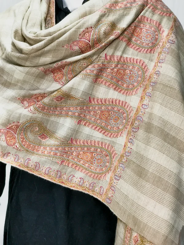 Natural Checkered Pure Pashmina Shawl With Hand Embroidered Sozni Palla front