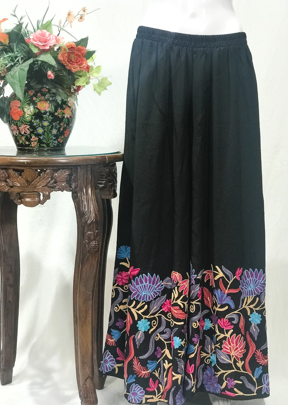 Black Women Sharara Pants with Kashmiri Aari Embroidery front