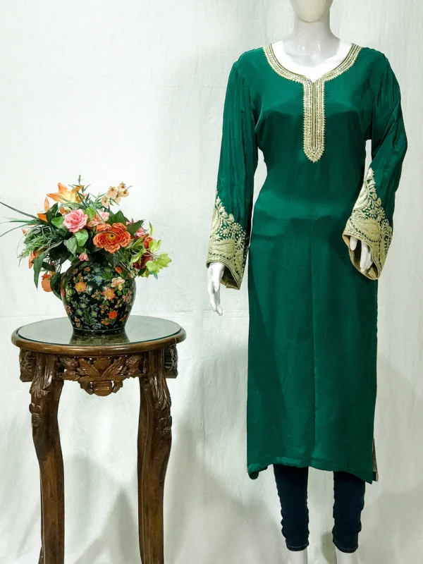 Bottle Green Crepe Kurti with Tilla Machine Embroidery