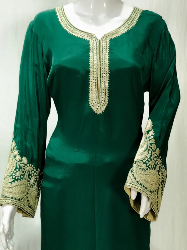 Bottle Green Crepe Kurti with Tilla Machine Embroidery front