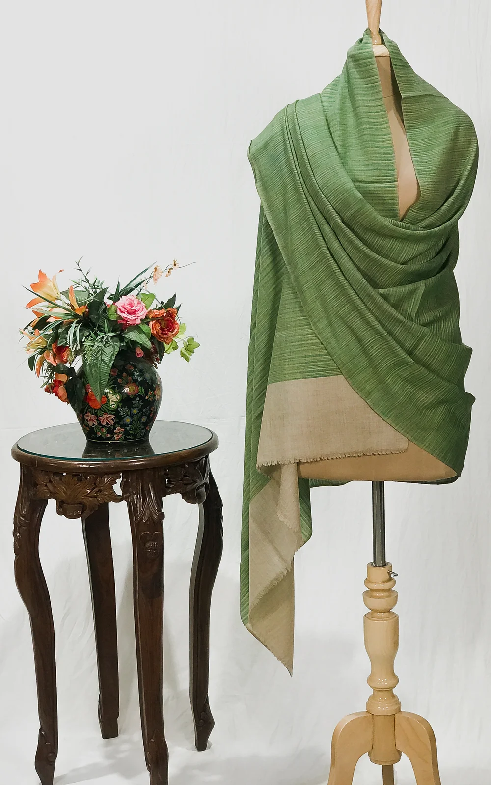Beige and Green Space Dye Pure Pashmina Shawl
