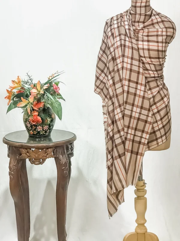 Beige Diamond Weaved Pure Pashmina Shawl with Multi-Colour Checkered Design