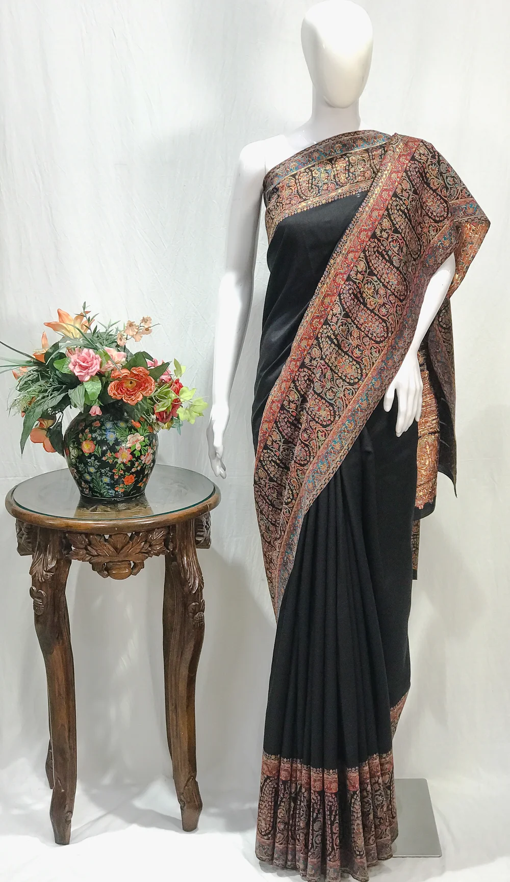 Deep Black Modal Silk Kani Saree with Paisley Pallu Design