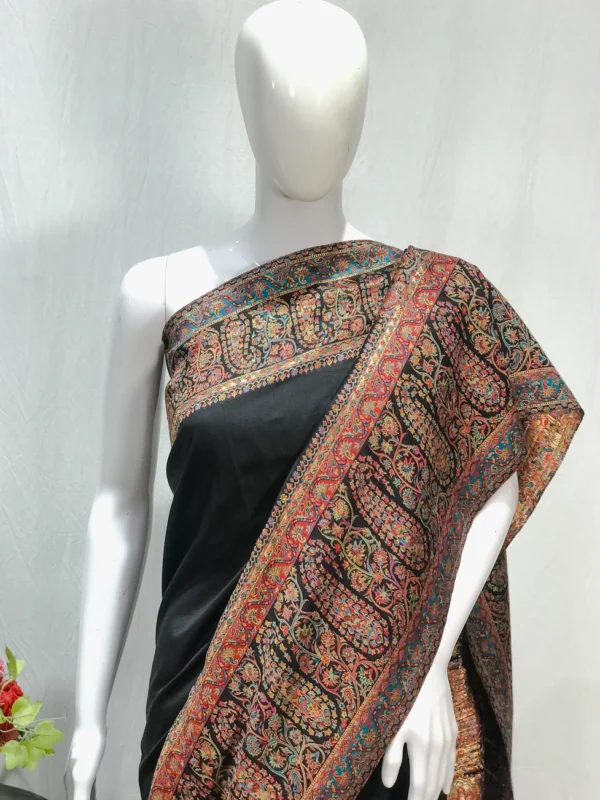 Deep Black Modal Silk Kani Saree with Paisley Pallu Design front