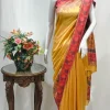 Yellow with Pink Border Modal Silk Kani Saree with Floral Pallu Design
