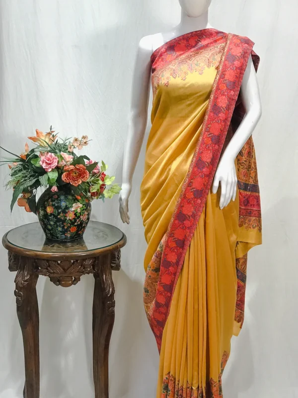 Yellow with Pink Border Modal Silk Kani Saree with Floral Pallu Design