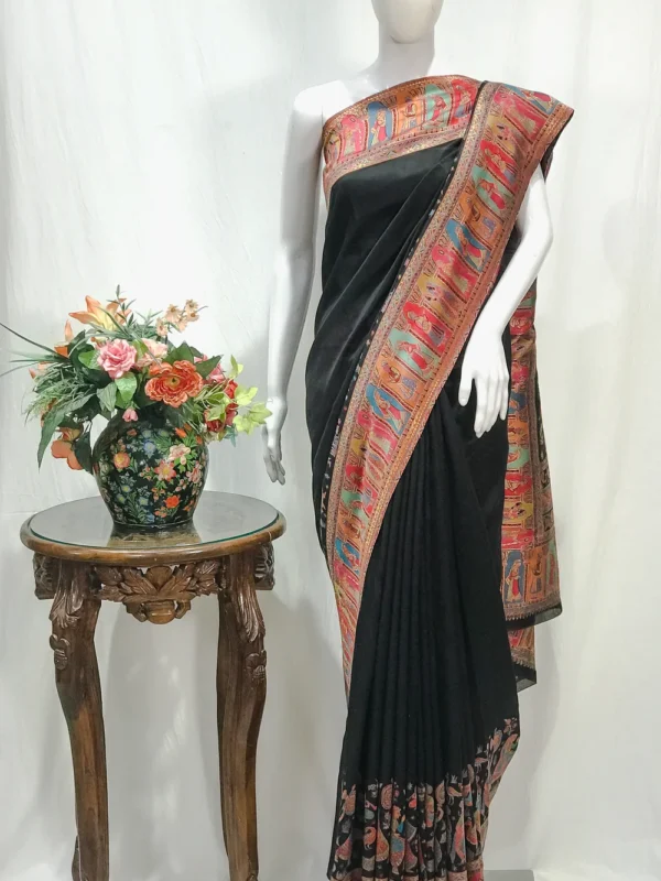 Black Modal Silk Kani Saree with Indian Tribal Figures Pallu Design