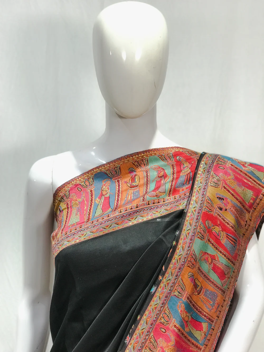 Black Modal Silk Kani Saree with Indian Tribal Figures Pallu Design front