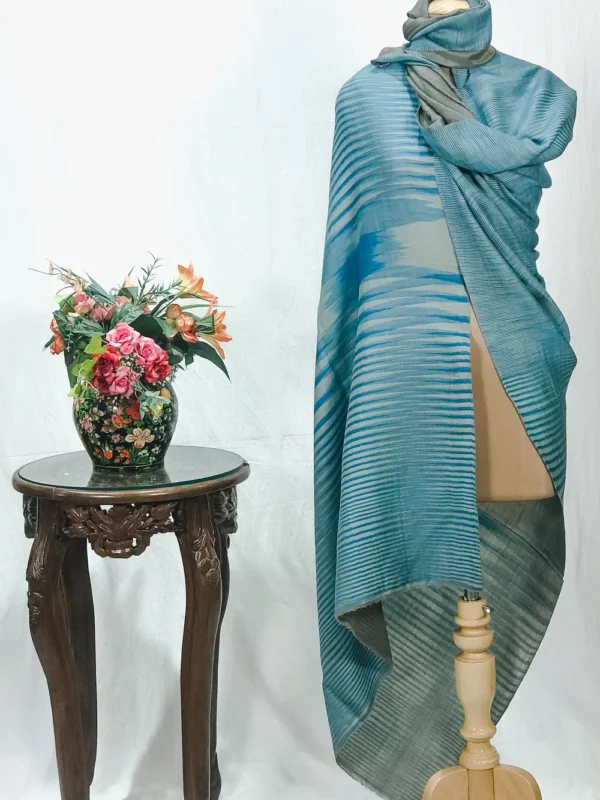 Blue and Beige Space Dye Zari Reversible Pure Pashmina Shawl