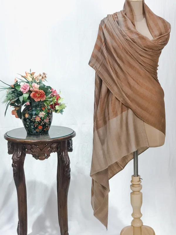 Beige Striped Space Dye Pure Pashmina Shawl