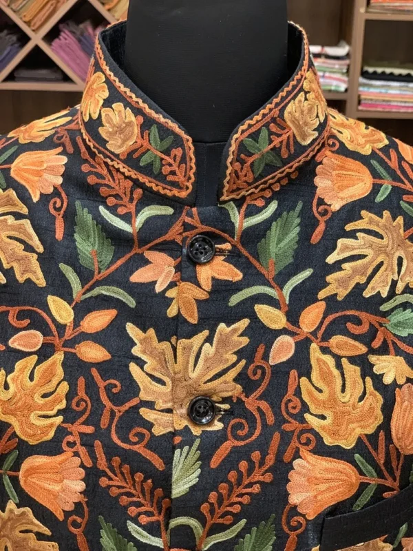 Black Nehru Jacket With Kashmiri Silk Thread Aari Embroidery
