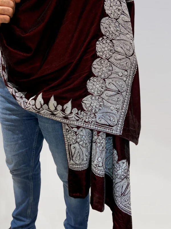 Royal Wine Velvet Men Shawl with Antique Tilla Work front