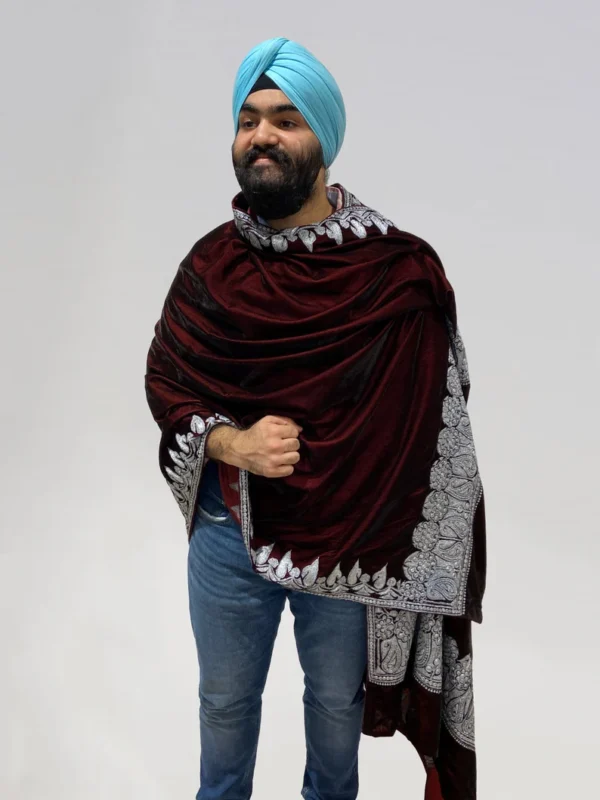 Royal Wine Velvet Men Shawl with Antique Tilla Work