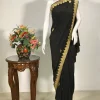 Black Pure Crepe Kashmiri Zari Hand Embroidered Saree