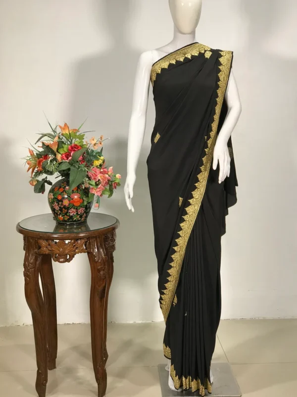 Black Pure Crepe Kashmiri Zari Hand Embroidered Saree