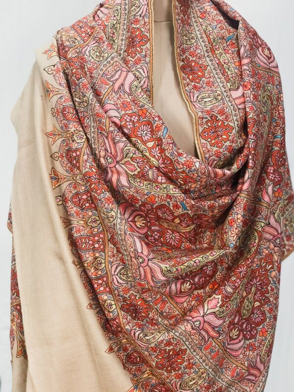 Beige Pure Pashmina Shawl With Papier Mache Jama Hand Embroidery front