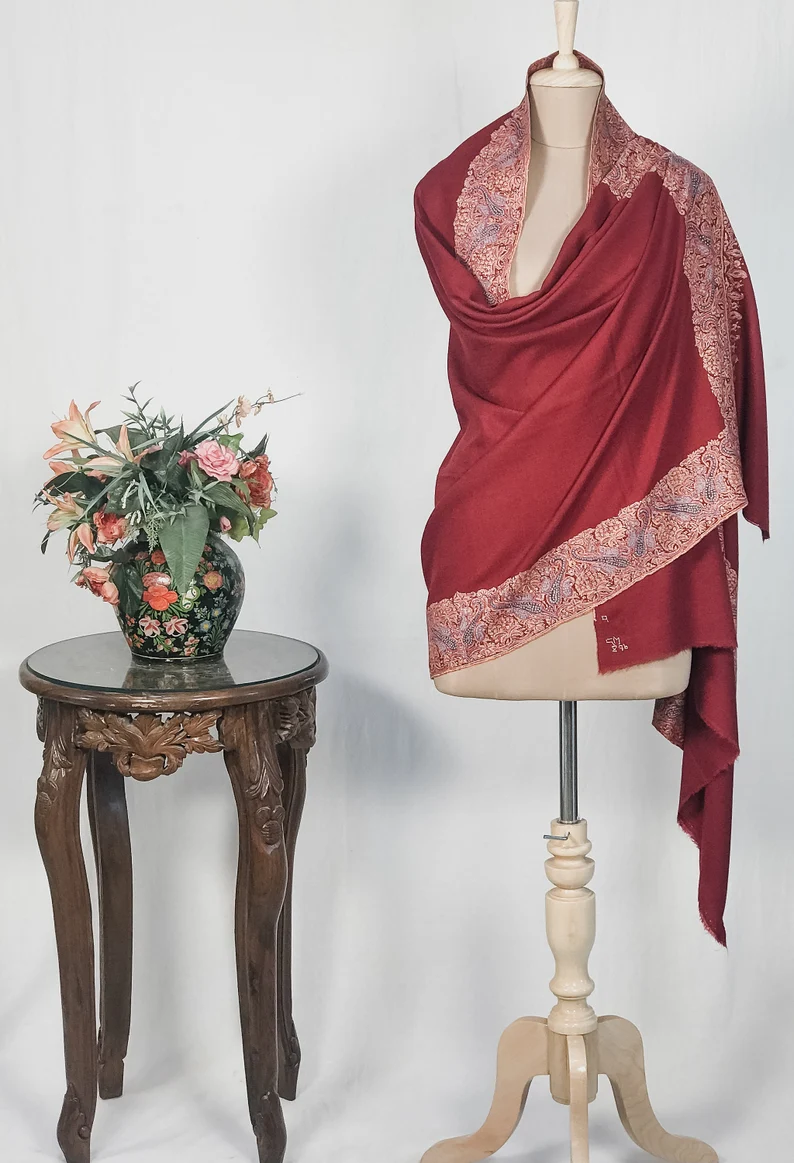 Maroon Pure Pashmina Shawl With Sozni hand Embroidery