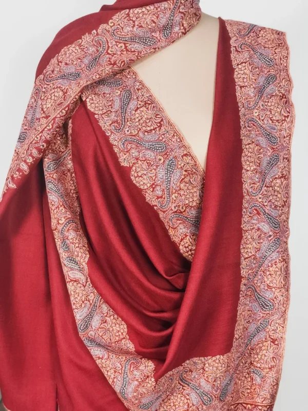 Maroon Pure Pashmina Shawl With Sozni hand Embroidery front