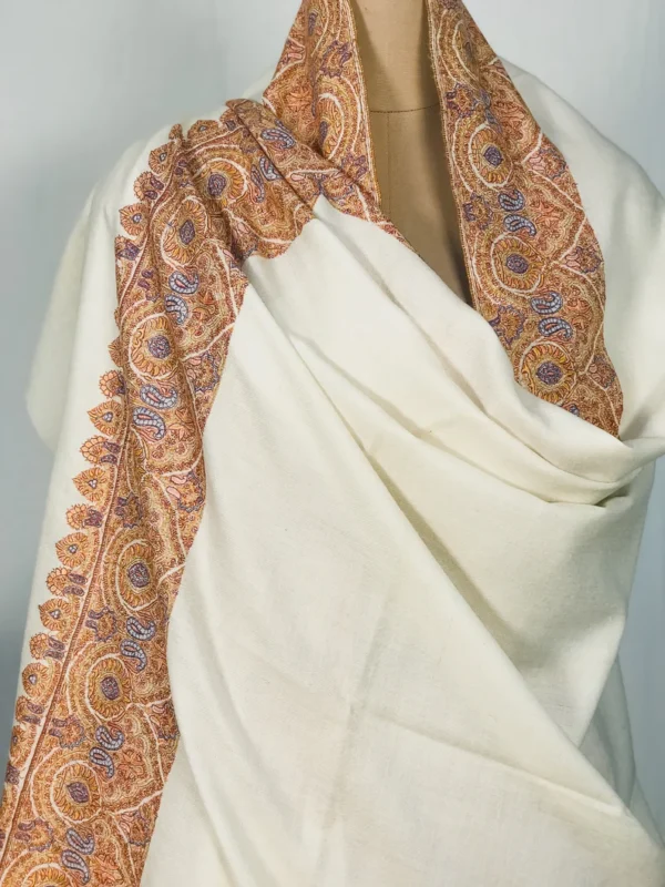 Off-White Pure Pashmina Shawl With Sozni hand Embroidery front