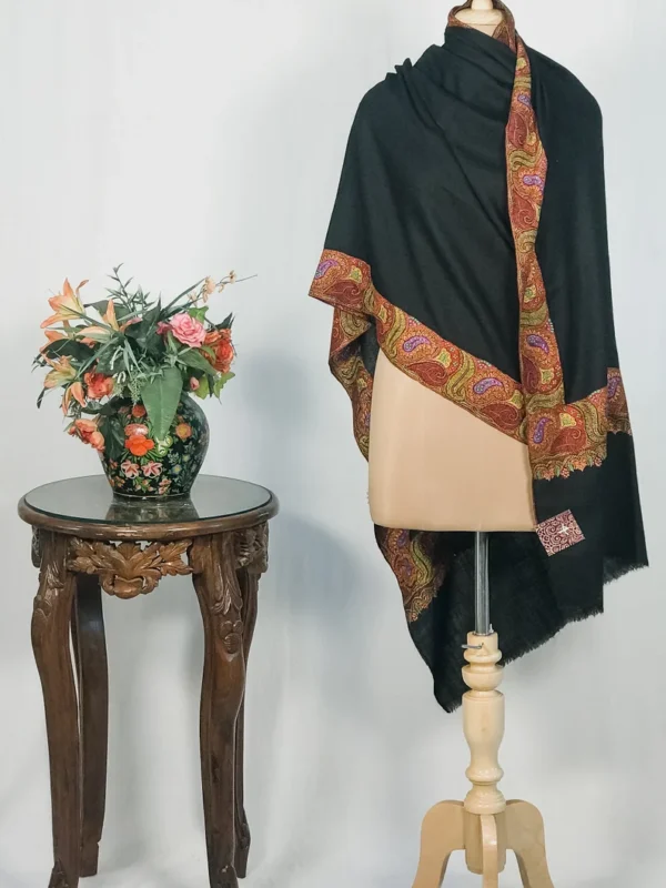 Black Pure Pashmina Shawl With Sozni hand Embroidery