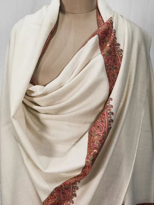 White Pure Pashmina Shawl With Sozni hand Embroidery front