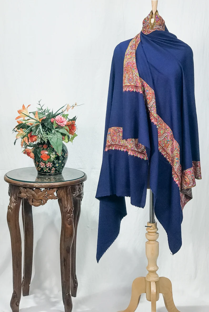 Navy Blue Papier Mache Hand Embroidered Pure Pashmina Shawl