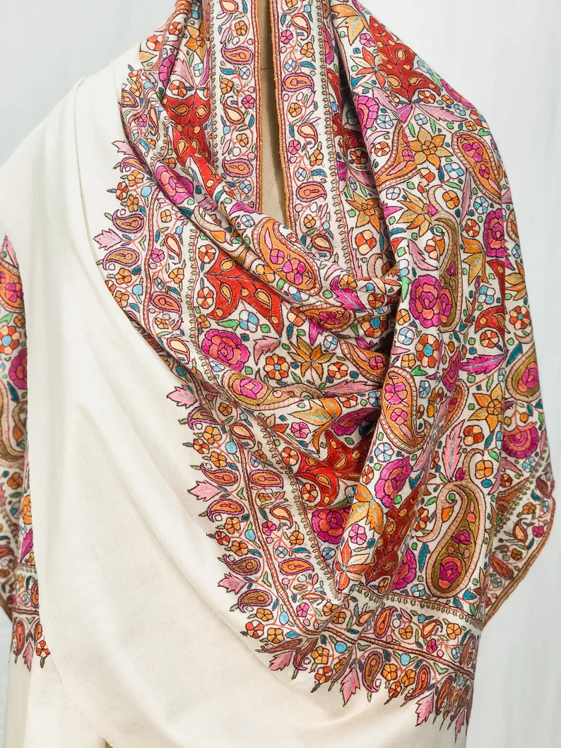 Off-White Pure Pashmina Shawl With Papier Mache Jama Hand Embroidery front