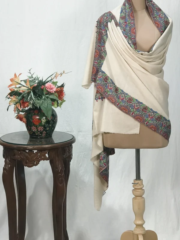Off-White Pure Pashmina Shawl With Papier Mache Border Design